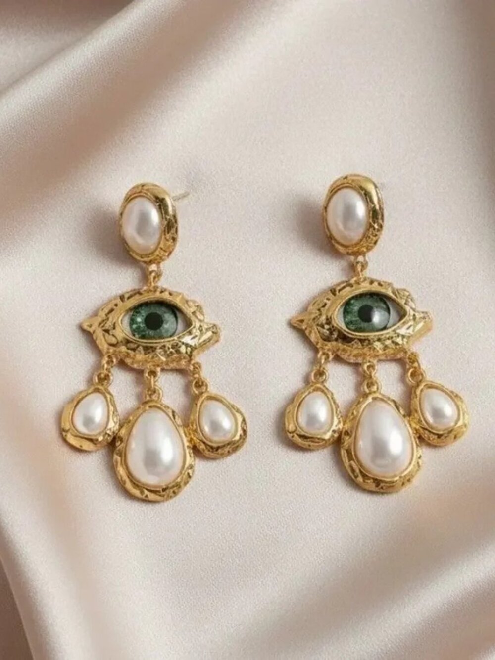 Goddess Baroque Pearl Zara Evil Eye Earrings Surrealistic Gold VTG Boho